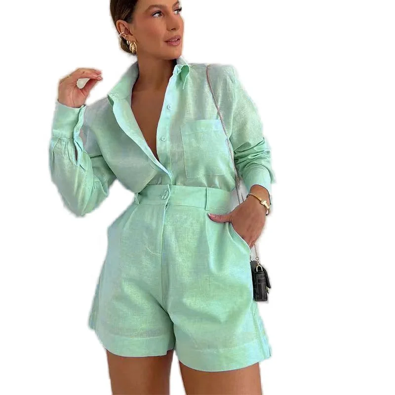 King Mcgreen star Women Clothing Outfits Set Casual Buttoned Up Front Solid Color Shirt Elastic Waist Wide Leg Shorts Sets