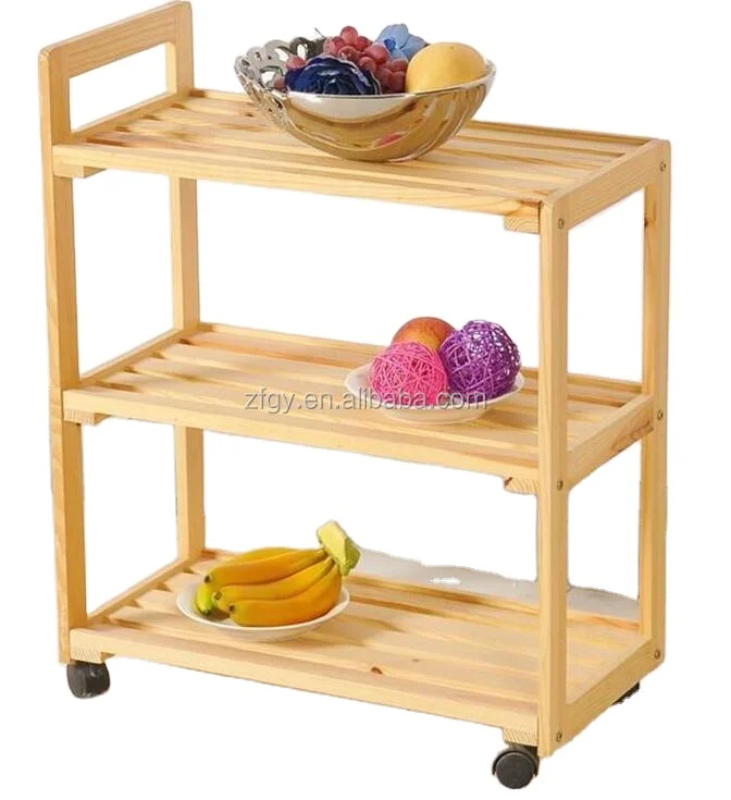Solid wooden kitchen vegetable trolley cart with wheels
