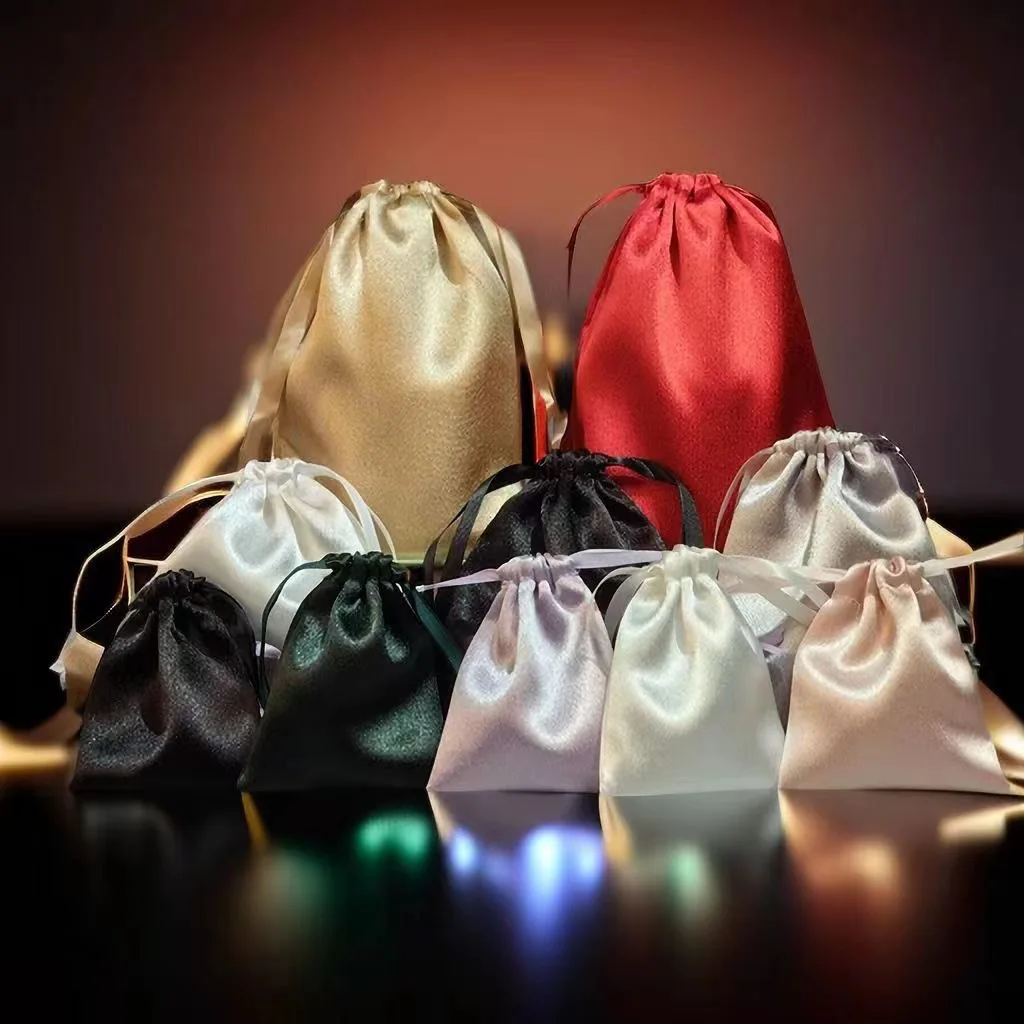 Wholesale high quality sustainable Custom logo small velvet Luxury Gift Packaging Silk Satin Drawstring Jewelry Pouch Bag