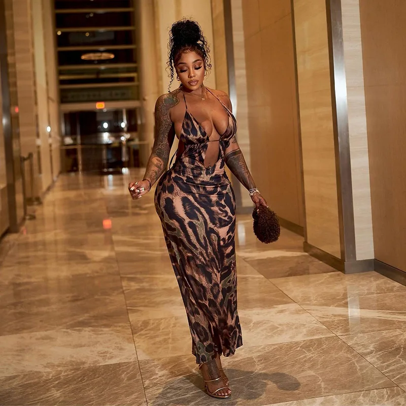Peeqi K24D50823 elegant Summer sleeveless round neck leopard print dress backless bodycon sexy maxi casual dress for women lady