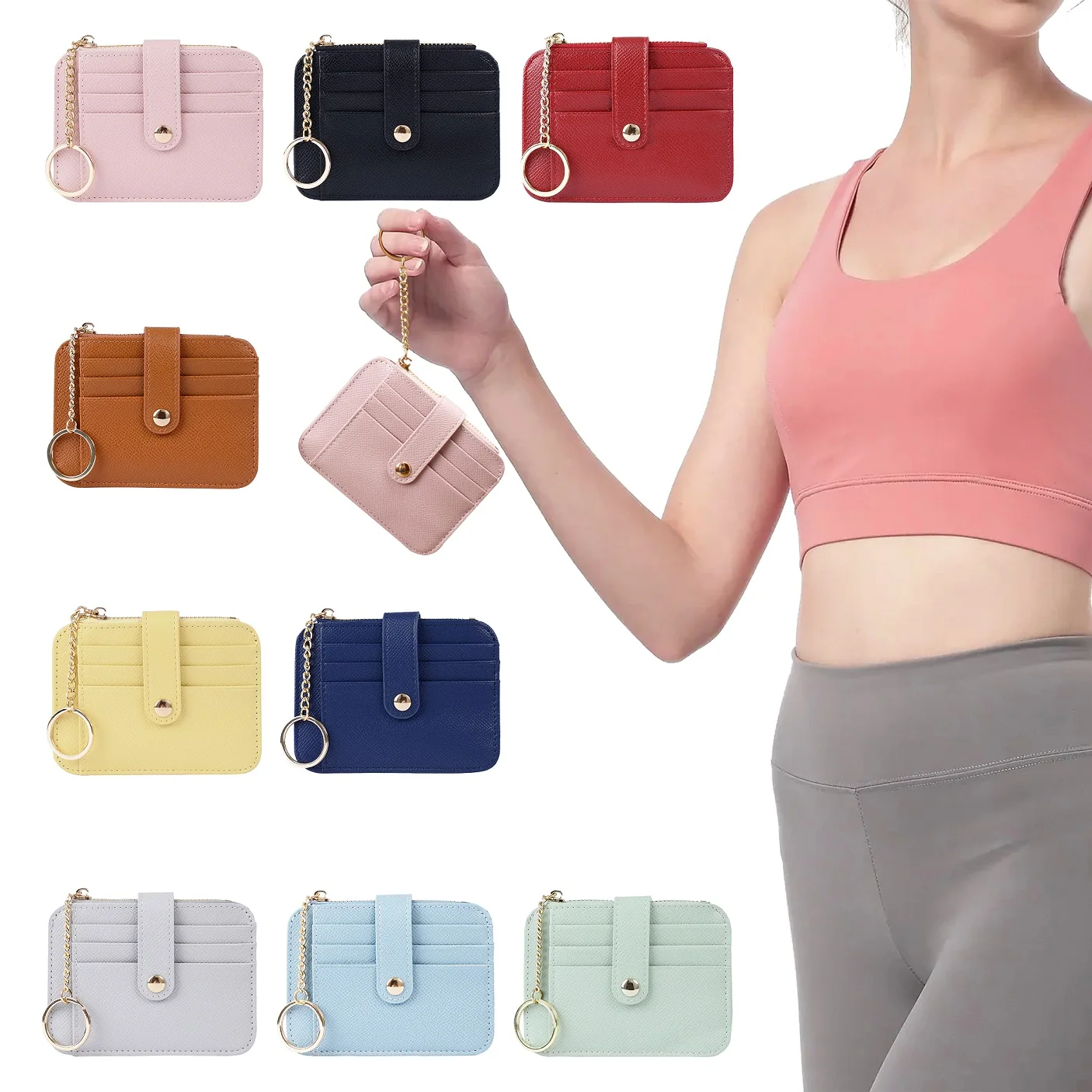 PU Leather Coin Purse Change Mini Purse Wallet With Key Chain Ring Zipper for Men Women Fashionable Bag Key Chain