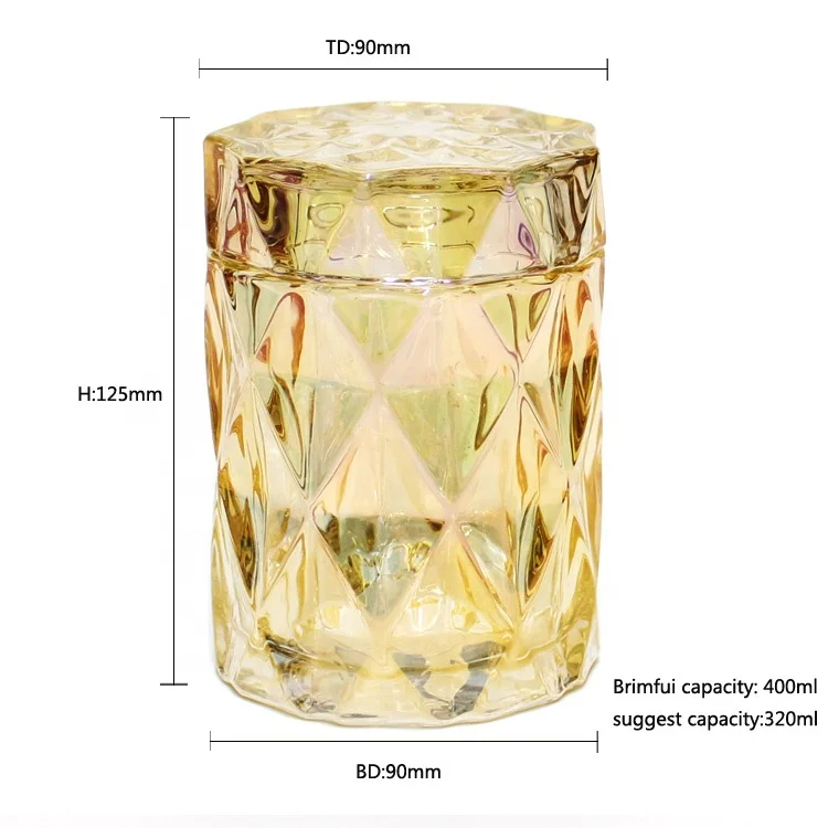 FENGJUN textured prism fluted translucent empty unique iridescent embossed glass candle jar with glass lids for candle making