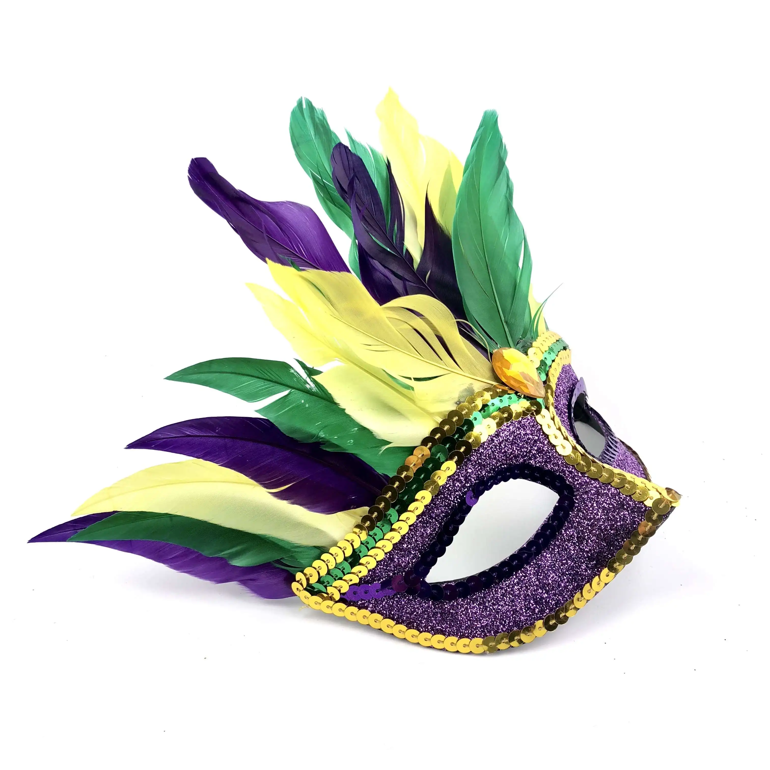 Carnival Party Parades Fluffy Feather Mask Mardi Gras Queen Mask Parade Masque Feather Leather Sequins Facial Mask