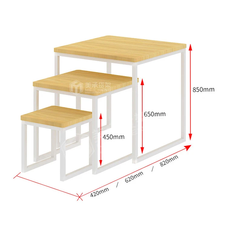 Meicheng 3 Set Table Wooden Display Stand Shop Promotional Table Display For Cloth Bag Shoe