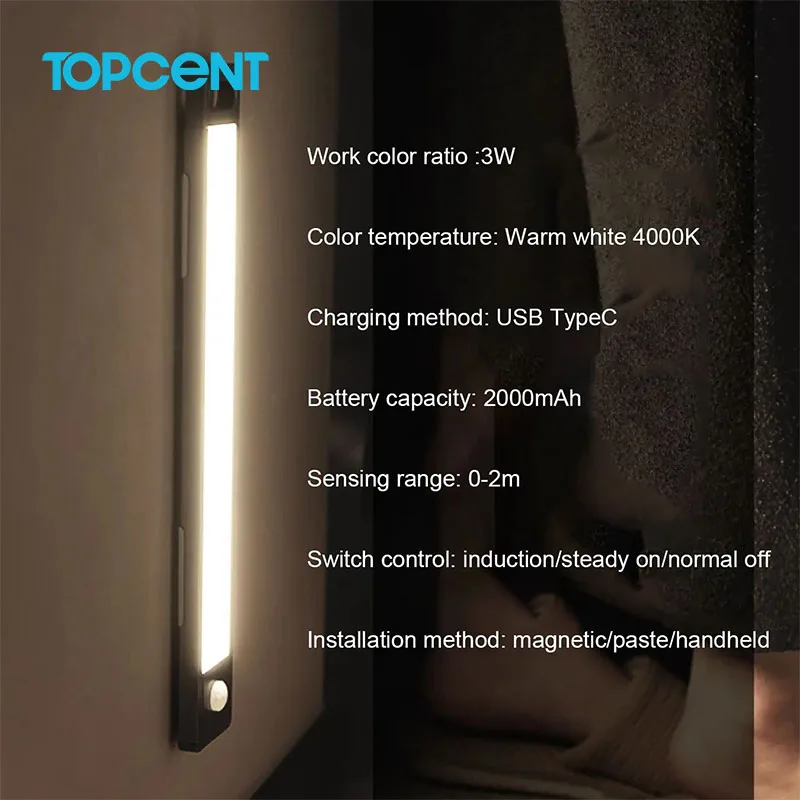 TOPCENT Ultra-Thin Indoor Lighting 3 Color Dimmable 5v Usb Rechargeable Kitchen Cabinet Closet Wardrobe Led Motion Sensor Light
