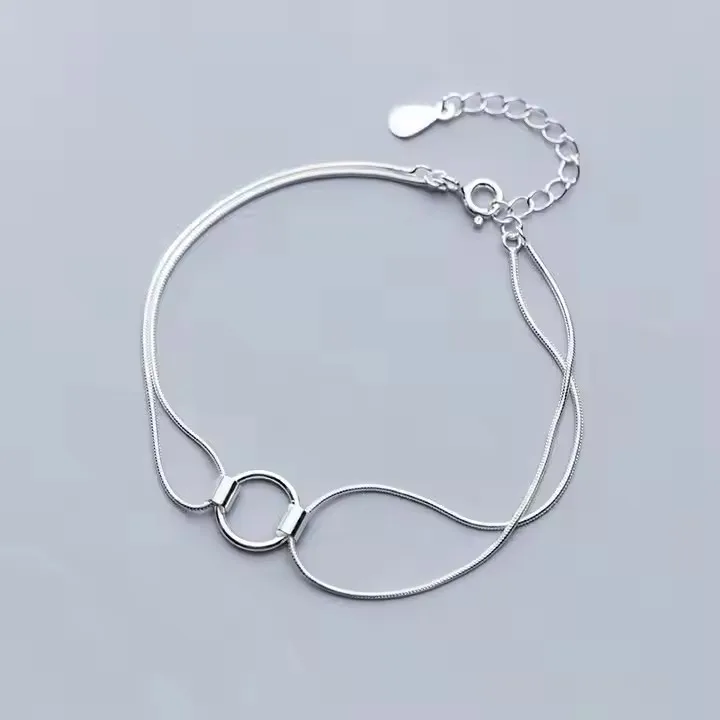 Interlocking Silver Circle Bracelet 925 Sterling Silver Bracelet For Women Geometric Round Double Snake Chain Summer Accessories