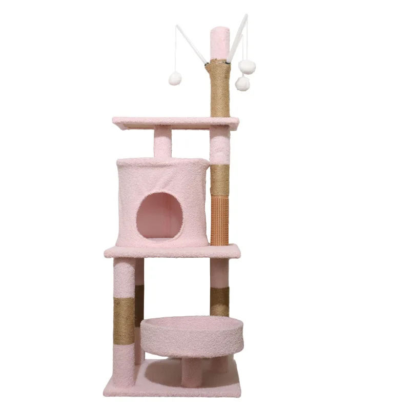 Multi Layer Pink Sisal+Teddy Velvet Soft Indoor Large Scratcher Tower Cat Tree House For Cat