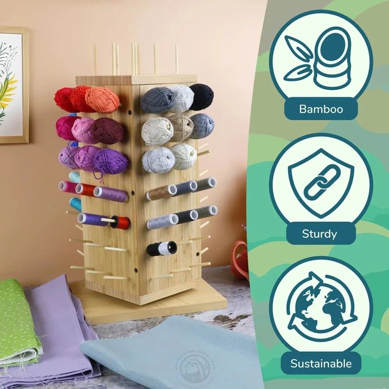 360 Fully Rotating Bamboo Wooden Thread Rack Thread Holder Organizer for Sewing Quilting Embroidery Hair-braiding and Jewelry