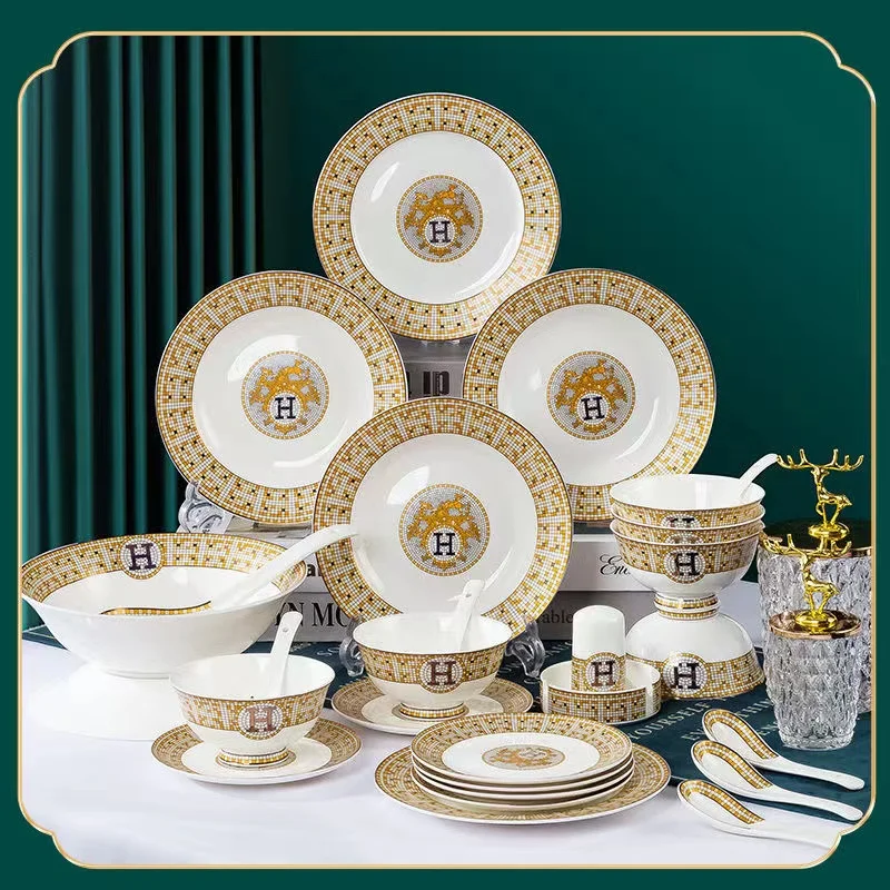 Jingdezhen Ceramic tableware set household ceramic bowls and plates set bone china bowls and plates h-mark mosaic tableware gift