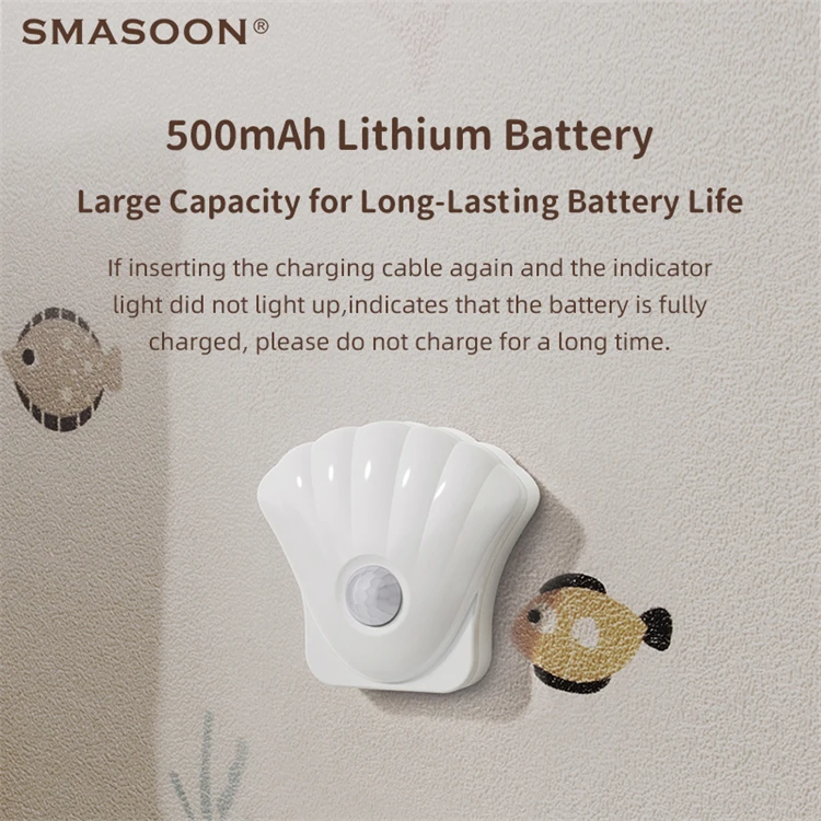 Multifunctional Shell Shape Small Wall Mounted Dimmable Usb Rechargeable Led Motion Sensor Night Light Lamp With Magnet For Home
