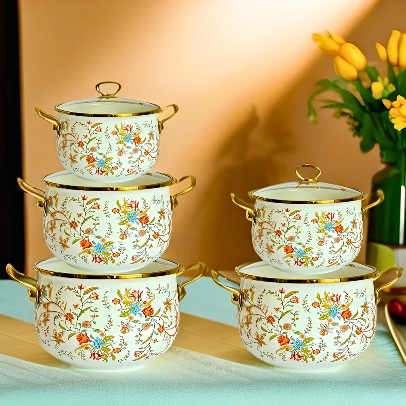 20/22/24/26/28cm enamel kitchenware casserole glass cover gold handle Fu pot style high quality deep soup pot seafood pot
