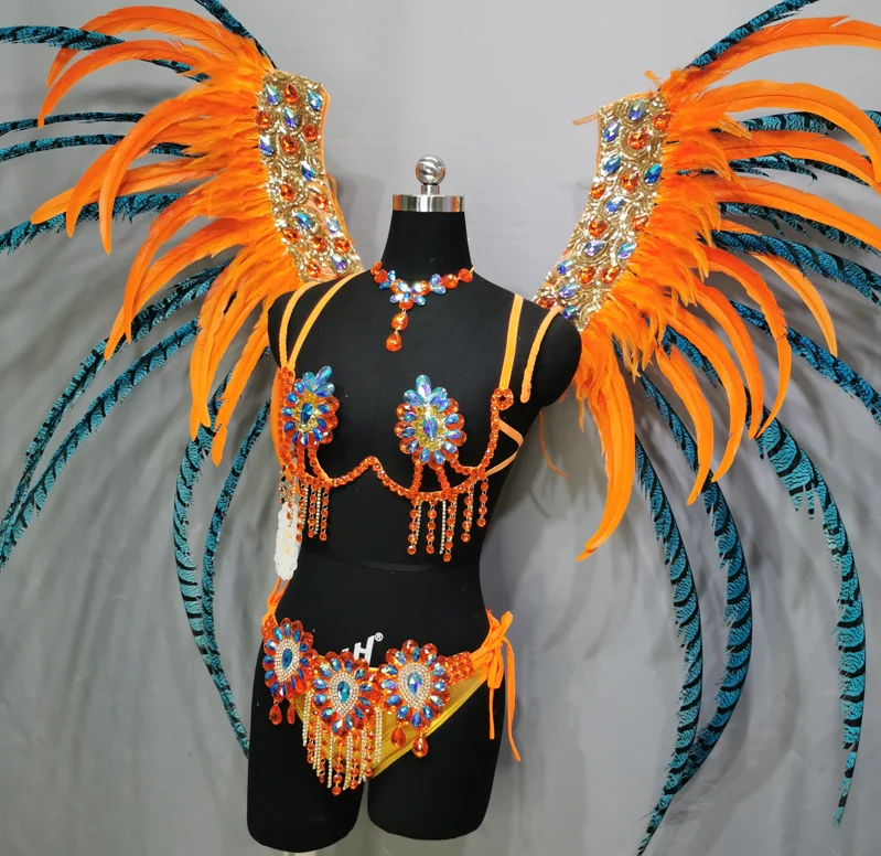 Luxury Sparkly Handmade Samba Dance Costume Rio Carnival Wire Bra+Panty+Feather Headdress With Stone Sexy Belly