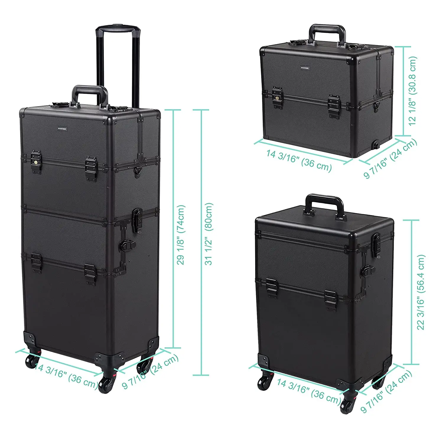 Black 2in1 Aluminum Makeup Train Case Lockable Trolley Cosmetics Hairdressing Storage for Artist Travel Salon Case