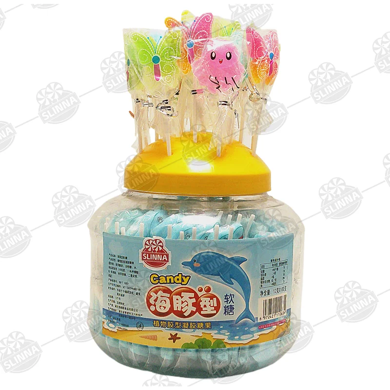 Cheap fruity flavor dolphin gummy Lollipop jar packing cartoon shape fruit soft candy halal candy animal shape jelly candy
