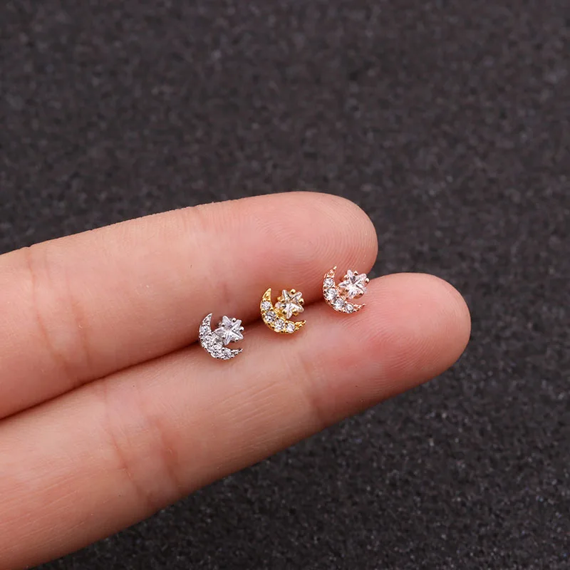 50pcs/Lot Tiny Cz Flower Star Moon Small Cartilage Stud Earring 20g Stainless Steel Tragus Rook Conch Helix Piercing Jewelry