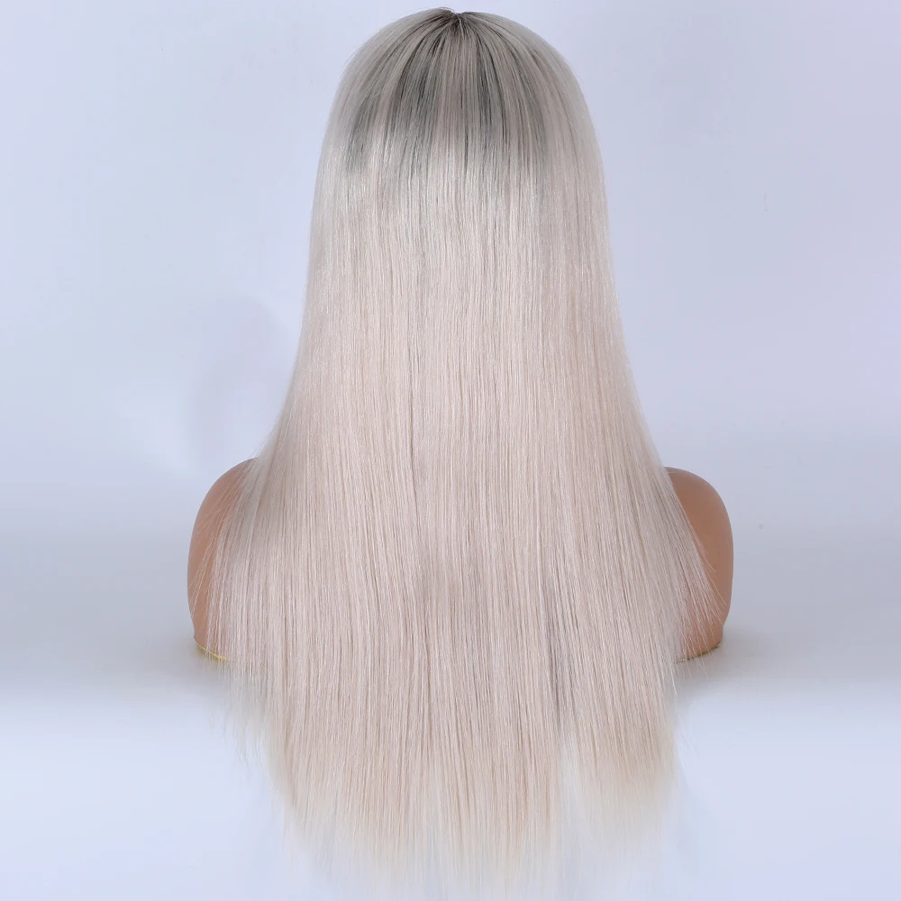 Top quality 18 inches white color with dark roots frontal lace wigs human hair