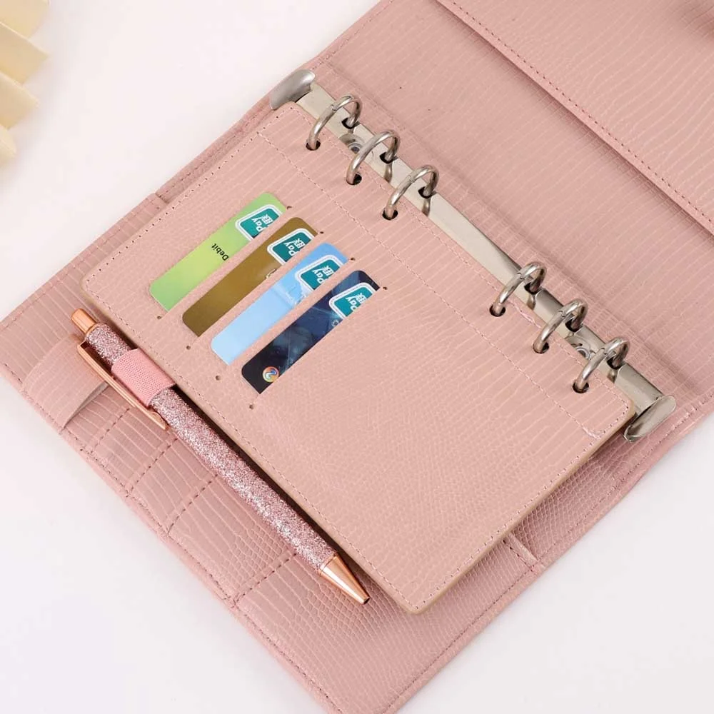 Etsy Best Selling 6 Ring A6 Lizard Croc Leather Dashboard Fly Leaf for Personal Planner with 6 Card Slots & An Elastic Pen Loop