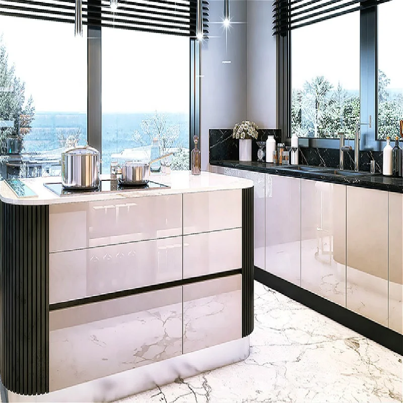Light luxury cabinet customization overall kitchen cabinet with island counter save space design open marble kitchen