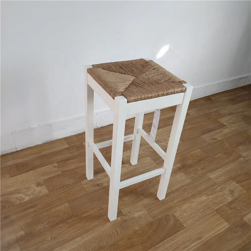 Modern Wooden Hand-woven Paper Rope Bar Stool Solid Wood Bar Stool