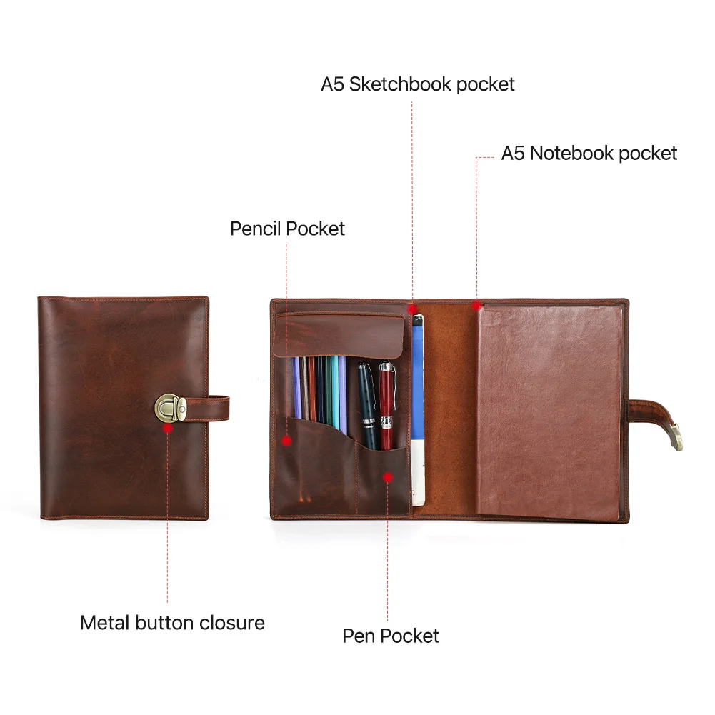Vintage A5 Genuine Leather Notebook Journal Planner Cover with Pen Holder Travel Use Office Supplies CF9071