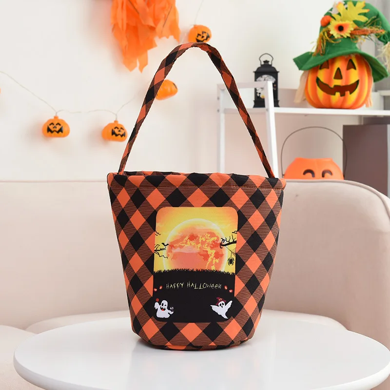 Customized Halloween Gingham Basket Pumpkin Orange Printed Coffin Pattern Halloween Basket Wholesaler
