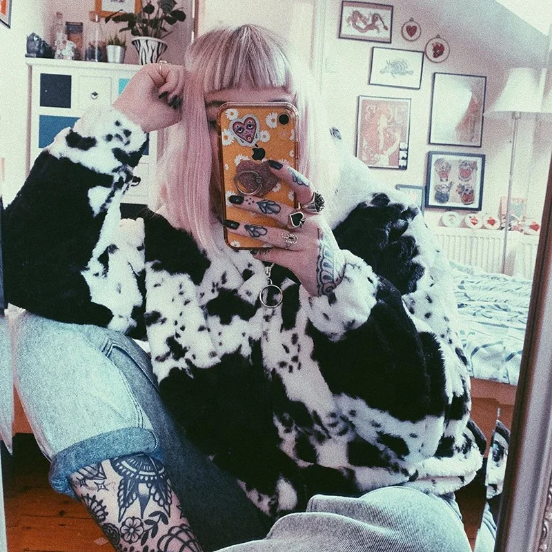 
New Arrival winter black and white cow pattern Hooded rabbit fur cardigan sweater fur coats for woman trendy 