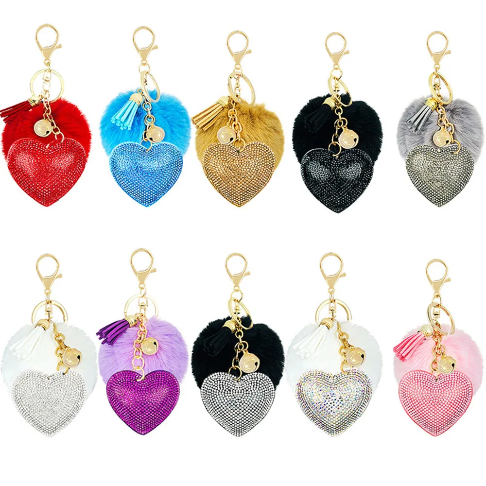 Love Heart Key Ring Rhinestone Key Chain Fluffy Fur Ball Keychain For Girl Women Bag Rabbit Pom Puff Ball Metal Tassel Keychains