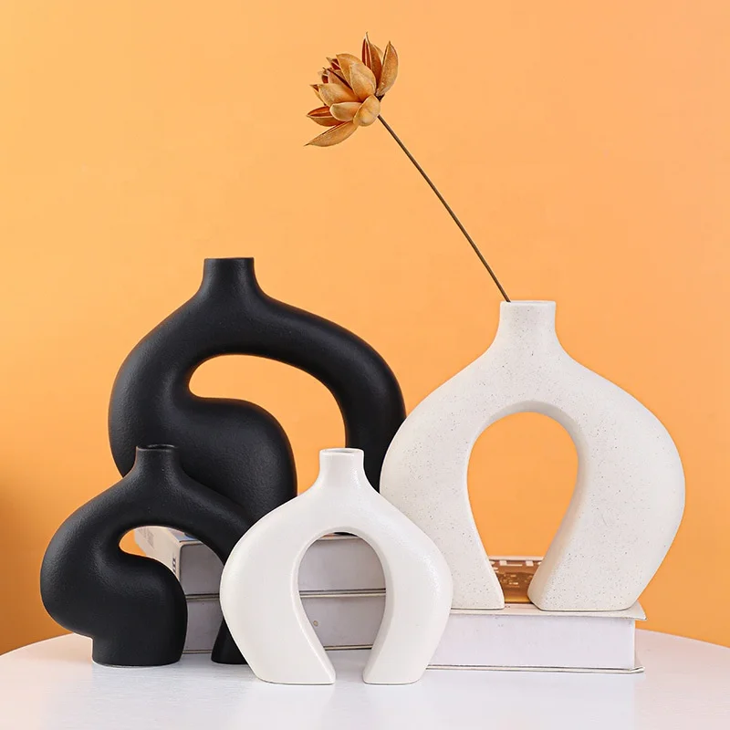 Minimalist Home Decorations Geometric Matte Black Ceramic Flower Vase Decor for Shelves Living Room Mantel