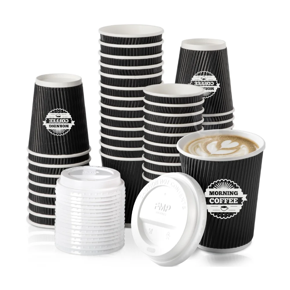 LOKYO Food grade eco friendly take away pla 8 10 12 16 20 oz disposable black ripple double wall hot coffee paper cup with lids