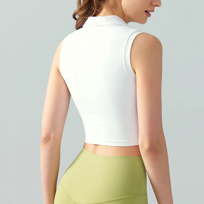 Wholesale Breathable Fitness Running Crop Tops Lapel Sleeveless Fixed Pad Vest Slim Thin Sports Top Yoga Tank Top For Women