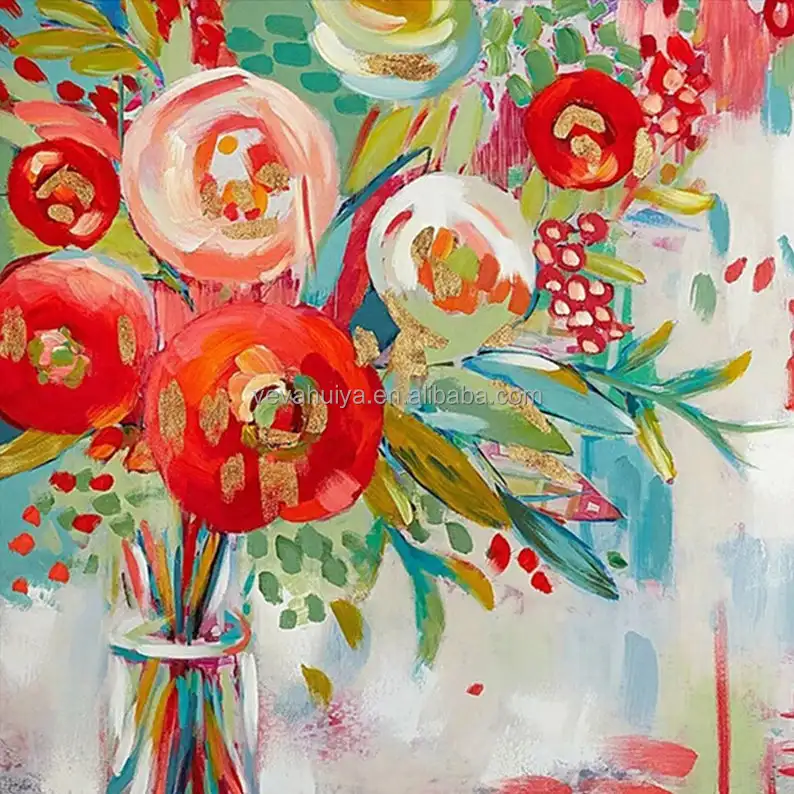 100% Handmade Abstract With Golden Foil Red Color Oil Painting Home Restaurant Decorative Painting