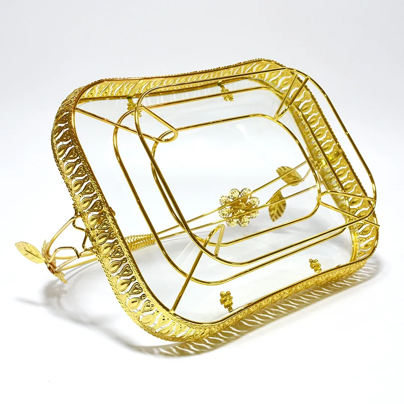 Amazon new exotic fruit basket rectangle portable food glass tray metal fruit basket