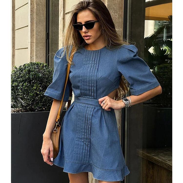 Office Ladies Ruched Wash Jeans Dress 2023 Short Sleeve Hollow Out Ruffled Dress Blue Elegant Women Denim Dresses
