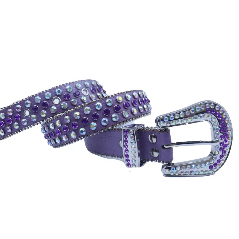 Western BB Simon Rhinestone Belt Bling PU Leather Crystal Belt with Purple Stone Fashionable Silver Alloy Buckle for Men Women