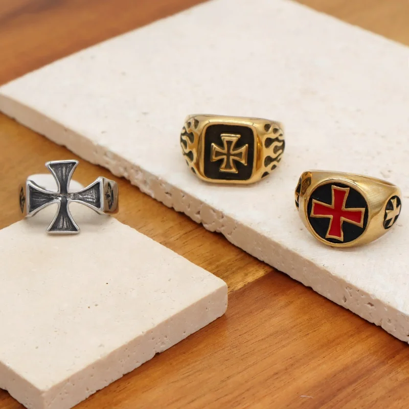 New Fashion Custom Wholesale Personality Cross Finger Ring Jewelry Enamel Gold Plated Stainless Steel Cross Ring For Men Women