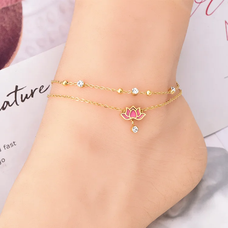 HC Exquisite double layer crystal flower gold 316l stainless  steel chain Anklet Women Girl lover barefoot fashion star Pearl
