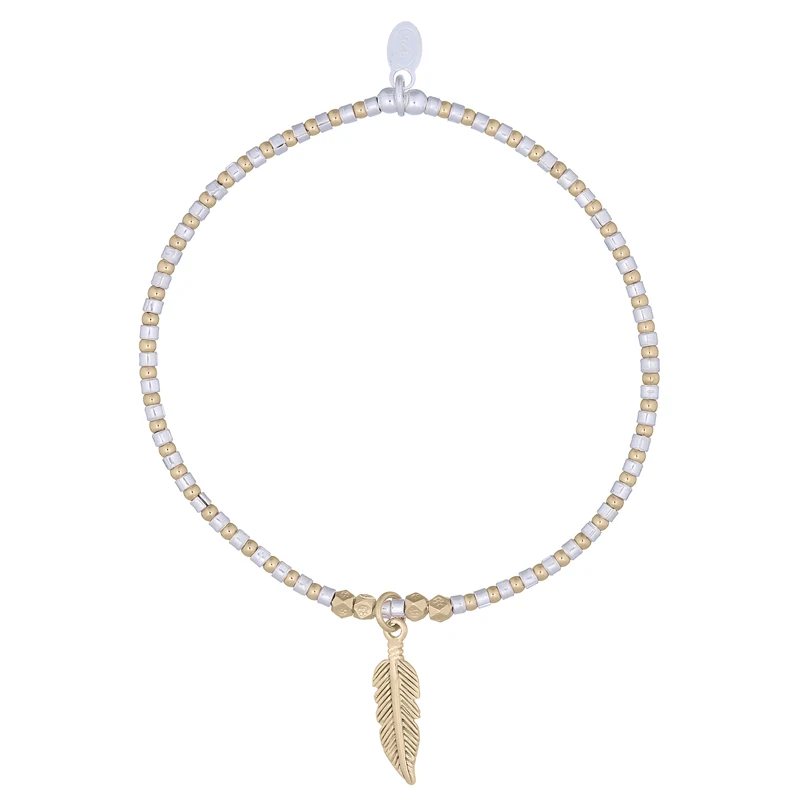 925 Feather Yellow Gold Plated Beads Stretchable Bracelet