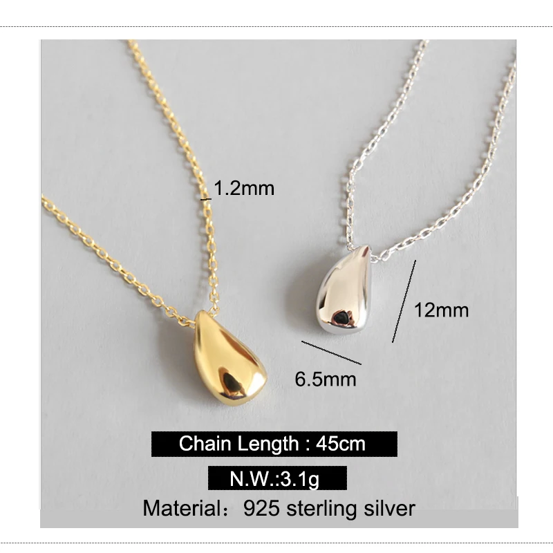 925 Silver Necklace 18K Gold Plated Simple Water Drop Pendant  Women Jewelry