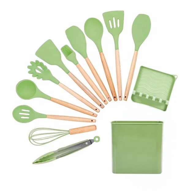 Heat Resistance Green Silicone Kitchenware Wooden Handle Spoon Spatula Turner Ladle Tongs Kitchen Utensils Set Cookware