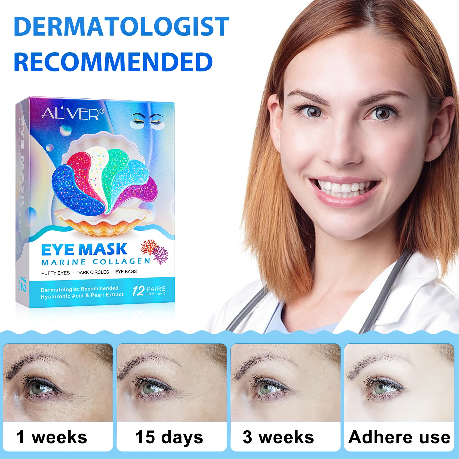 ALIVER Natural Pearl Eye Patches Anti Aging Wrinkle Marine Collagen Hyaluronic Under Eye Mask For Dark Circles And Puffiness