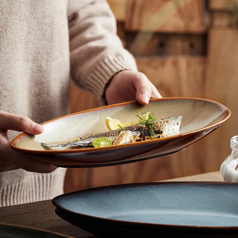 New ceramic fish plate household steamed fish high appearance level plate Japanese cuisine restaurant club light luxury high-end