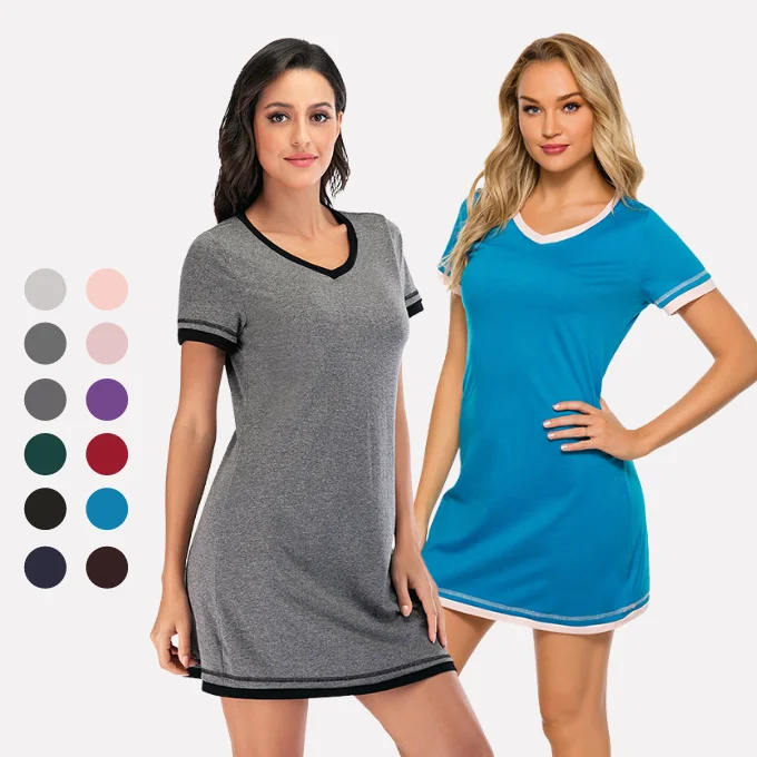 2022 Summer Color Block Collar Short Sleeve Cotton Sleeping Clothes Women Sleep Dress Nightgown Classic