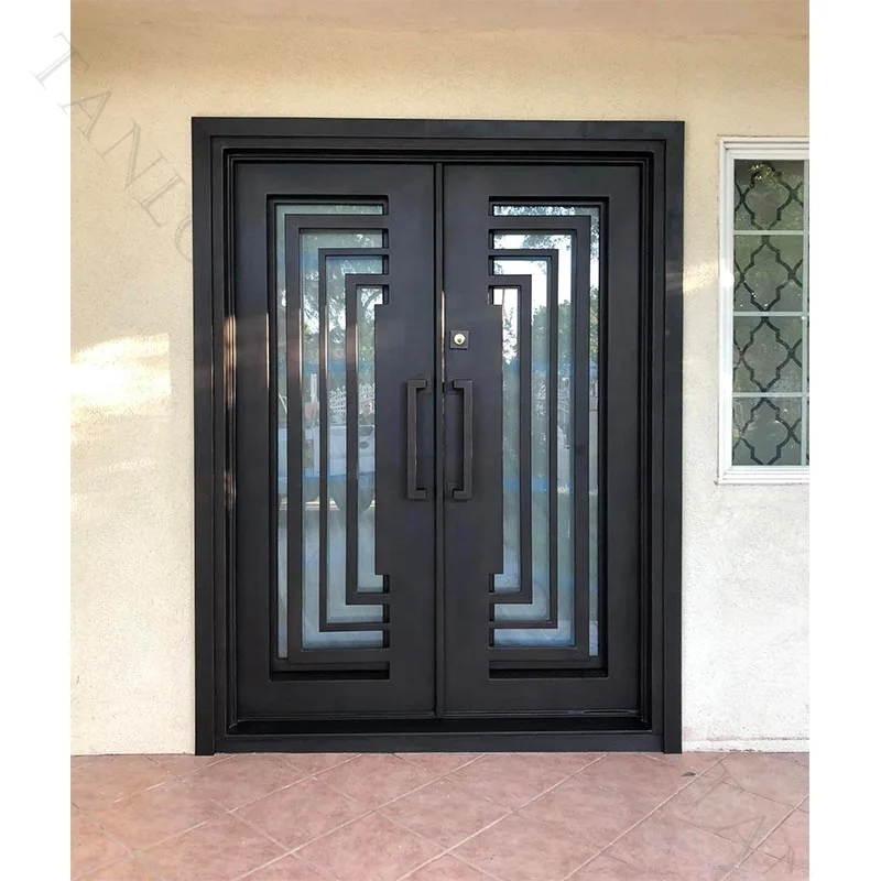 Wrought Iron Modern Door Decorative Iron Double Front Door Finished With Glass For House