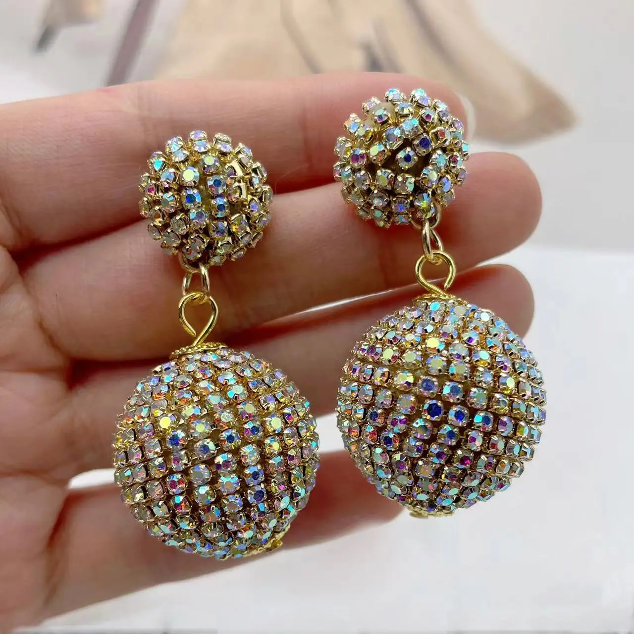 Luxury jewelry big lamp ball shiny dangle stud earrings laser colored crystal paved party jewelry gift for women drop earring
