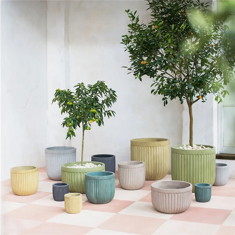 Home garden suppliers customized color sizes stripe line matte cement bonsai pot decorative concrete flower pots for plants
