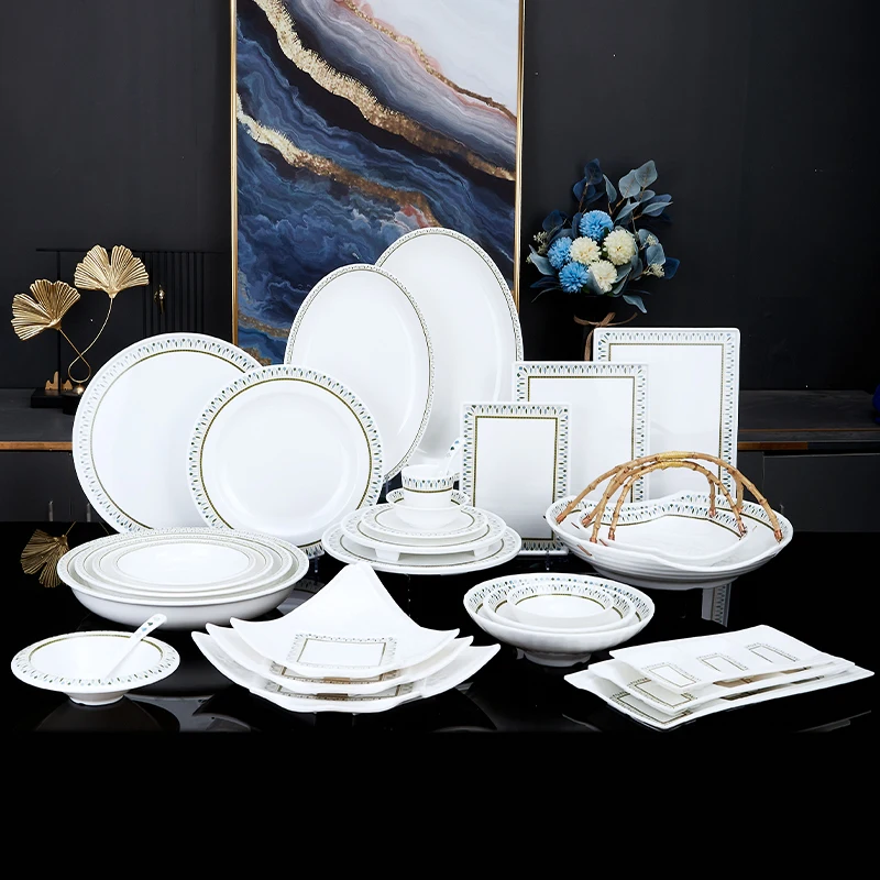 Restaurant Suppliers White Melamine Dinnerware Set Decal Dinner Plates Suop Bowls Unbreakable Tableware Dishwasher Safe