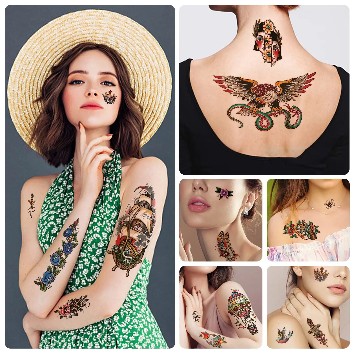 Temporary Tattoos Old School Tattoos Stickers American Traditional Flower Rose Arm Temporary Tattoos