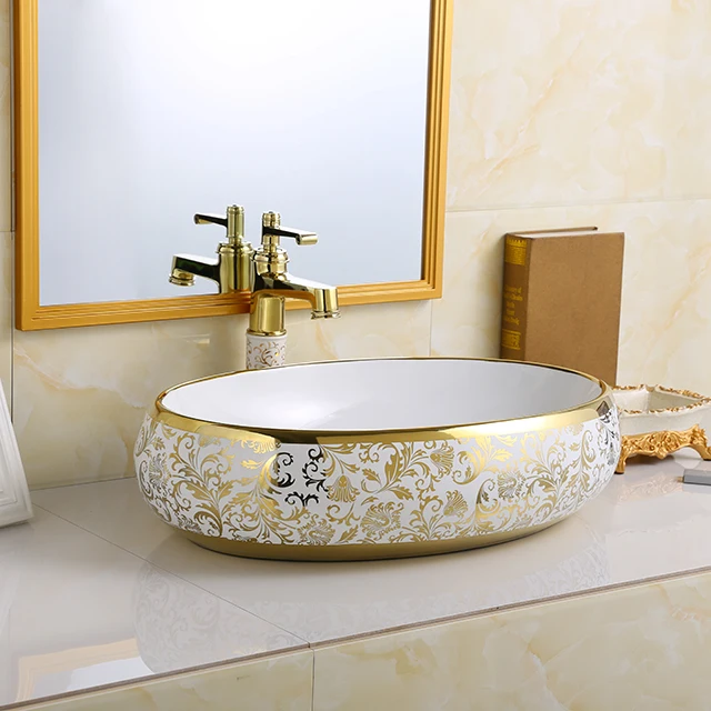 Luxury Golden Vanity Table Top Wash Basin Ceramic Art Oval Lavabo Electroplated Bathroom Vessel Sink