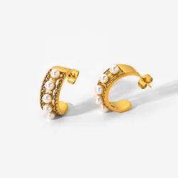 Luxury Style 18K Gold Plated Zircon Hoop Earring Geometric Stainless Steel Micron Zircon Pearl CC Hoop Earrings for Women