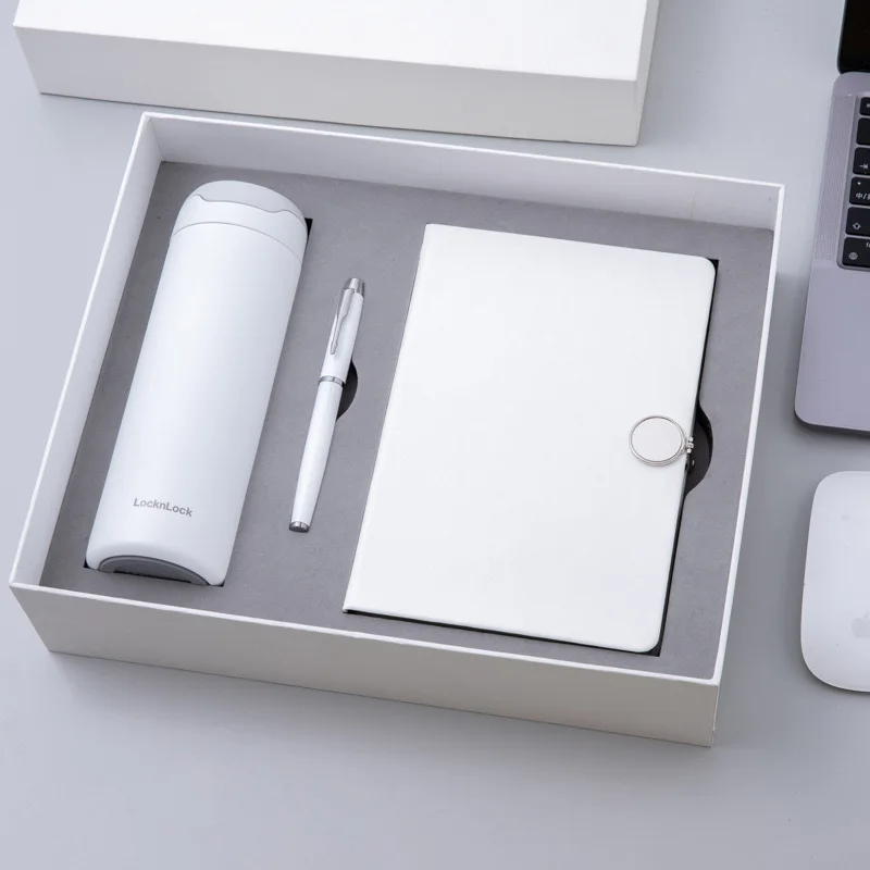 Custom Diary Luxury White PU Leather Notebook Gift Box Set Business Gift Thermos Cup Journal Gift Set With Pen And Water Bottle